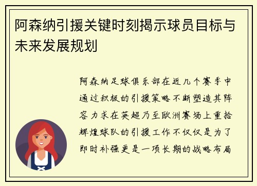 阿森纳引援关键时刻揭示球员目标与未来发展规划