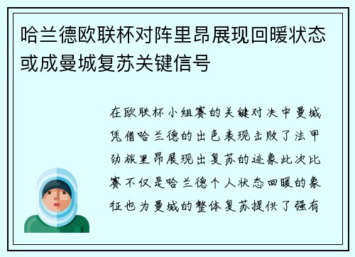 哈兰德欧联杯对阵里昂展现回暖状态或成曼城复苏关键信号 哈兰德欧联杯对阵里昂展现回暖状态或成曼城复苏关键信号