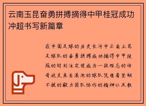 云南玉昆奋勇拼搏摘得中甲桂冠成功冲超书写新篇章 云南玉昆奋勇拼搏摘得中甲桂冠成功冲超书写新篇章